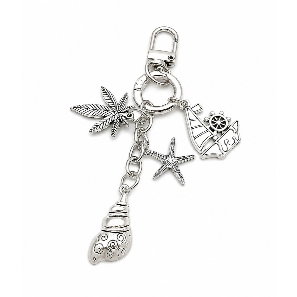 Silver Nautical Beach Keychain Starfish Seashell Sailboat Palm Leaf Bag Charm